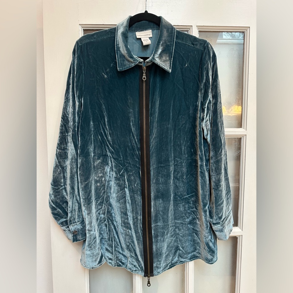 Soft Surroundings Crushed Velvet Ocean Teal Blue Silk Full Zip Sweatshirt Size M - Picture 8 of 8